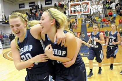 Bishop Canevin's Carly Forse and Celina DiPietro celebrate after defeating Seton-LaSalle in the WPIAL class AA championship Friday night at Palumbo Center.