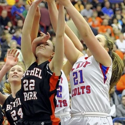 Bethel Park's Samantha Simpson fights for a rebound against Chartiers Valley's Kristin McGeough in the WPIAL Class AAAA title game Saturday at Palumbo.