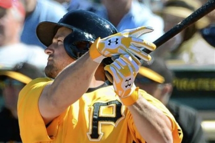 Pirates first baseman Gaby Sanchez bats Monday against the Phillies at McKechnie Field in Bradenton, Fla.