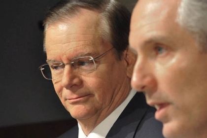 Bill Johnson at a press conference Feb. 14 to announce that H.J. Heinz Co. will be sold, with Alex Behring of  3G Capital at right.