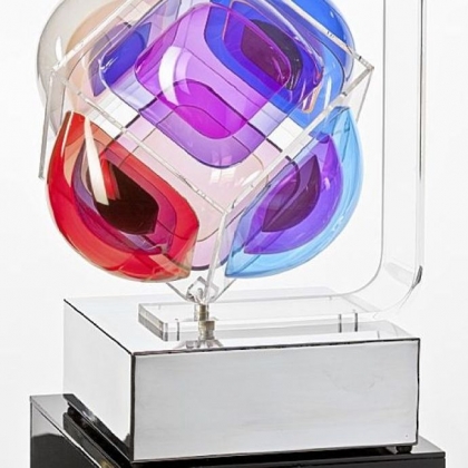 Aaronel deRoy Gruber's "Turning Blue" was made in 1975 of Plexiglas and chrome and measures 20 by 16 by 14 inches.