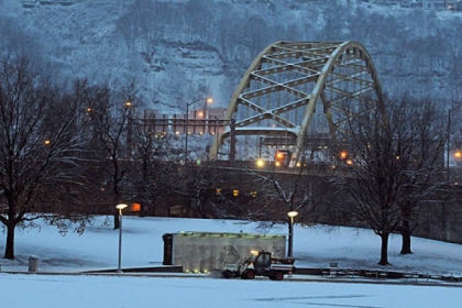 Snow was being removed before dawn from Point State Park.