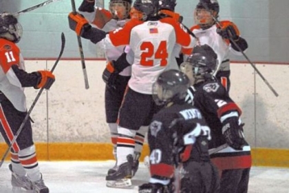 Bethel Park celebrates its second goal of the first period in what turned into an onslaught as the Black Hawks routed Upper St. Clair, 5-1.