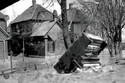 A piano is washed away by the 1913 flood in Dayton, Ohio.