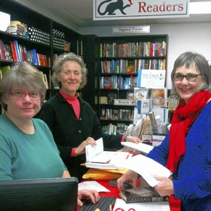 Buff Rodman, left, and Margo Naus, center, remained as booksellers at Mystery Lovers Bookshop in Oakmont after Laurie Stephens, right, purchased the store last year.