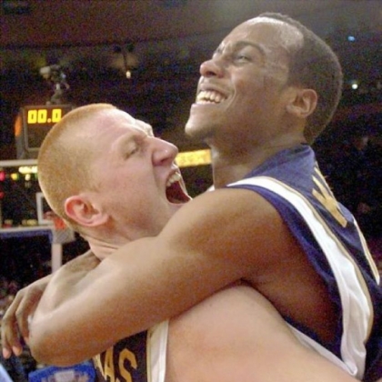 Donatas Zavackas and Brandin Knight celebrate Pitt's Big East tournament championship in 2003. The Panthers beat Connecticut in the final after losing the two previous championship games at Madison Square Garden.