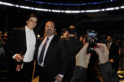 Marc-Andre Fleury poses with Kevin Lowerre.