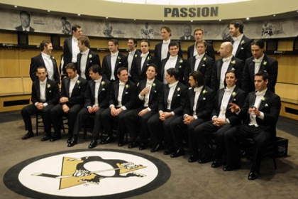 Pitsburgh Penguins Skates & Plates at Consol Energy Center --  The team group shot in the locker room.