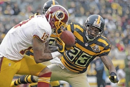 Washington Redskins wide receiver Dezmon Briscoe cannot hold on to a pass as former Steelers cornerback Keenan Lewis defends during a game last season at Heinz Field.