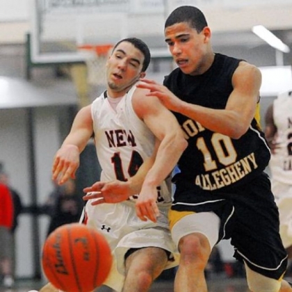 New Castle's Dom Caimona, left, is fouled by North Allegheny's Elijah Zeise in first half action.