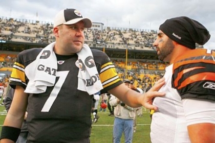 Big Ben's new backup Bruce Gradkowski, then with the Cincinnati Bengals, talks with Roethlisberger after a 2011 game at Heinz Field. Gradkowski, who grew up in Dormont signed a three-year deal Wednesday with the Steelers.