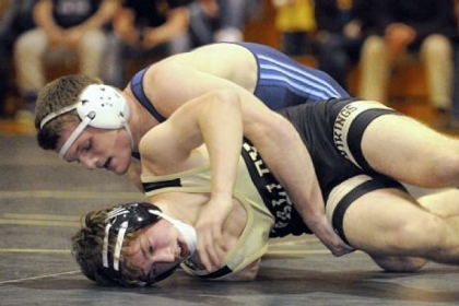 Burrell senior Dakota DesLauriers, top, defeating Valley's Colton Buzerd in a regular-season match, will represent the WPIAL at 182 pounds in the Dapper Dan Wrestling Classic preliminary match.
