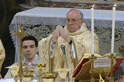 Pope Francis celebrates his inaugural Mass with the cardinals Thursday inside the Sistine Chapel at the Vatican.