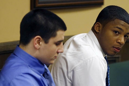 Trent Mays, 17, left, and co-defendant 16-year-old Ma'lik Richmond sit in court before the start of the third day of their trial on rape charges in juvenile court today in Steubenville, Ohio.