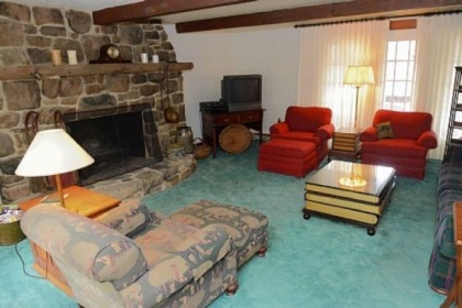 The living room features a large handcrafted, wood-burning fireplace built from stone.