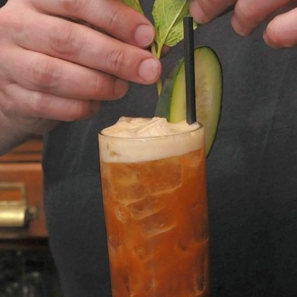 A 60-40 Pimm's Cup mixed at Acacia on East Carson Street.