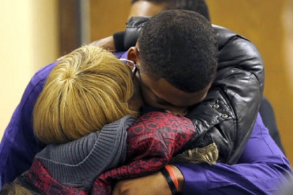Malik Richmond, 16, and his mother, Daphne Birden, after closing arguments Saturday in his juvenile trial with co-defendant Trent Mays, 17, on rape charges in Steubenville, Ohio. Judge Thomas Lipps said he would render a decision this morning.