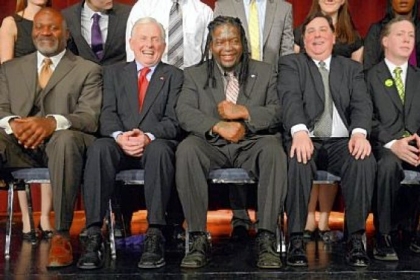 From left, mayoral candidates Jake Wheatley, Jack Wagner, A.J. Richardson, Bill Peduto, Michael Lamb and Darlene Harris sit onstage Sunday at Obama Academy in East Liberty after the Democratic candidates' debate.