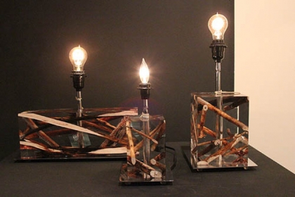 Memory Blocks designed by Bleu Nature table lamps driftwood trapped in resin. credit patricia sheridan