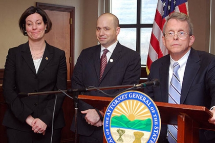 Ohio Attorney General Mike DeWine, right, answers questions about the successful prosecution of two juveniles in a rape case during a news conference Sunday in Steubenville, Ohio. He is joined by prosecutors Marianne Hemmeter and Brian Deckert.
