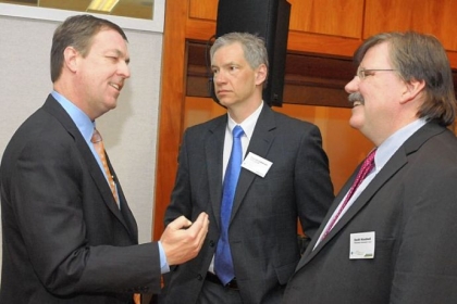 Chevron Appalachia president Bruce Niemeyer, left, a board member for the Center for Sustainable Shale Development, chats with fellow board members Conrad Schneider, center, and Davitt Woodwell, before Wednesday's news conference, Downtown. Mr. Schneider is the advocacy director of Clean Air Task Force. Mr. Woodwell is the executive vice president of the Pennsylvania Environmental Council.