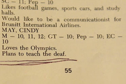 Cindy May Fenger's 1970 high school yearbook mentions that she wanted to teach the deaf.