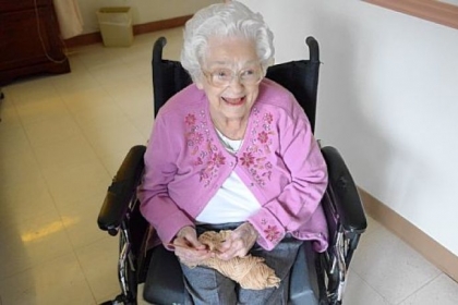 Dorothy Kennedy, 101, a resident of North Hills Health & Rehabilitation Center in Pine, has made more than 1,000 caps for cancer patients.