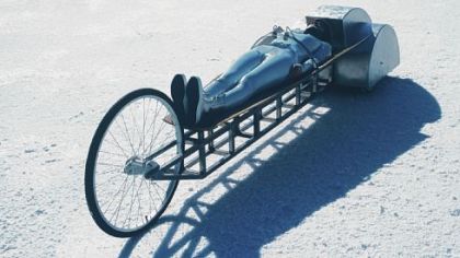 Simone Jones video "Perfect Vehicle" is part of "The White Show" at the Pittsburgh Center for the Arts. Her high-definition video, shot on the snow-covered Bonneville Speedway in Utah, shows a supine Ms. Jones strapped into a contraption she made that is powered by her breathing.
)