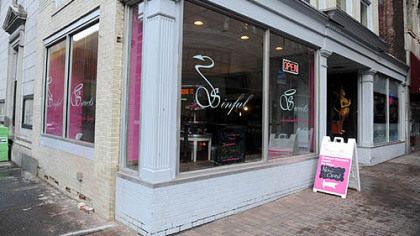 This is the exterior of Sinful Sweets, one of several Downtown businesses that participated in the Pittsburgh Downtown Partnership's Paris to Pittsburgh Facade grant program.