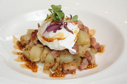 The Pastrami Hash with poached egg, mustard seed and horseradish at Eleven.