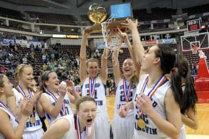 Bishop Canevin players celebrate after defeating York Catholic 45-38 in the PIAA AA Girls basketball championship Friday at Giant Center in Hershey, Pa.