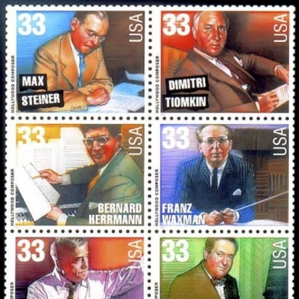 The U.S. Postal Service honored six distinguished movie composers on stamps in 1999.