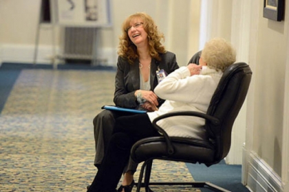 Joan Zolko, left, women veterans program manager at the VA Pittsburgh Healthcare System, chats with Sylvia Byer, 88, a WWII medical and surgical technician from White Oak at a town hall meeting Saturday for female veterans at Soldiers & Sailors Memorial Hall and Museum in Oakland.