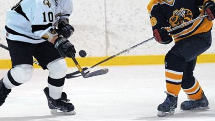 Quaker Valley's Ryan Dickson, left, battles Freeport's Justin Drzemiecki for possession of the puck during a game earlier this season.