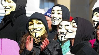 Activists from the online groups KnightSec and Anonymous protest at the Jefferson County Courthouse in Steubenville, Ohio, Saturday. They claim there has been a cover-up in the alleged rape of a teenage girl by Steubenville High School football players.