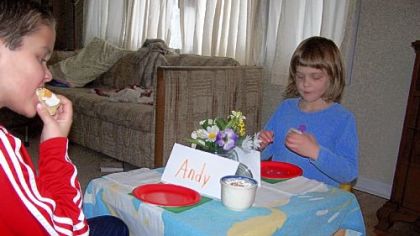 Beth Sodergren's tea party, with guest and big brother Andy Sodergren.

