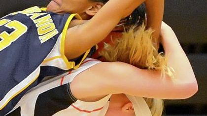 Bethel Park's Kaitlin Chess, bottom, tries to pull a rebound away from Mt. Lebanon's Gabriella Caminos during a game last week.
